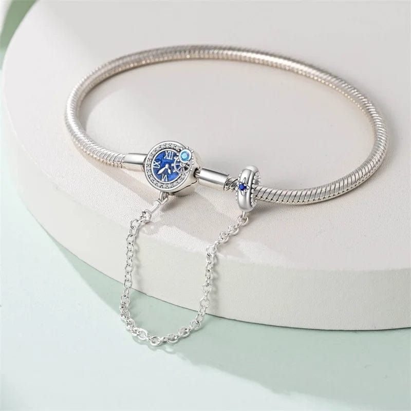 Bracelet Fermoir Horloge Bleue avec Chaîne de Sécurité