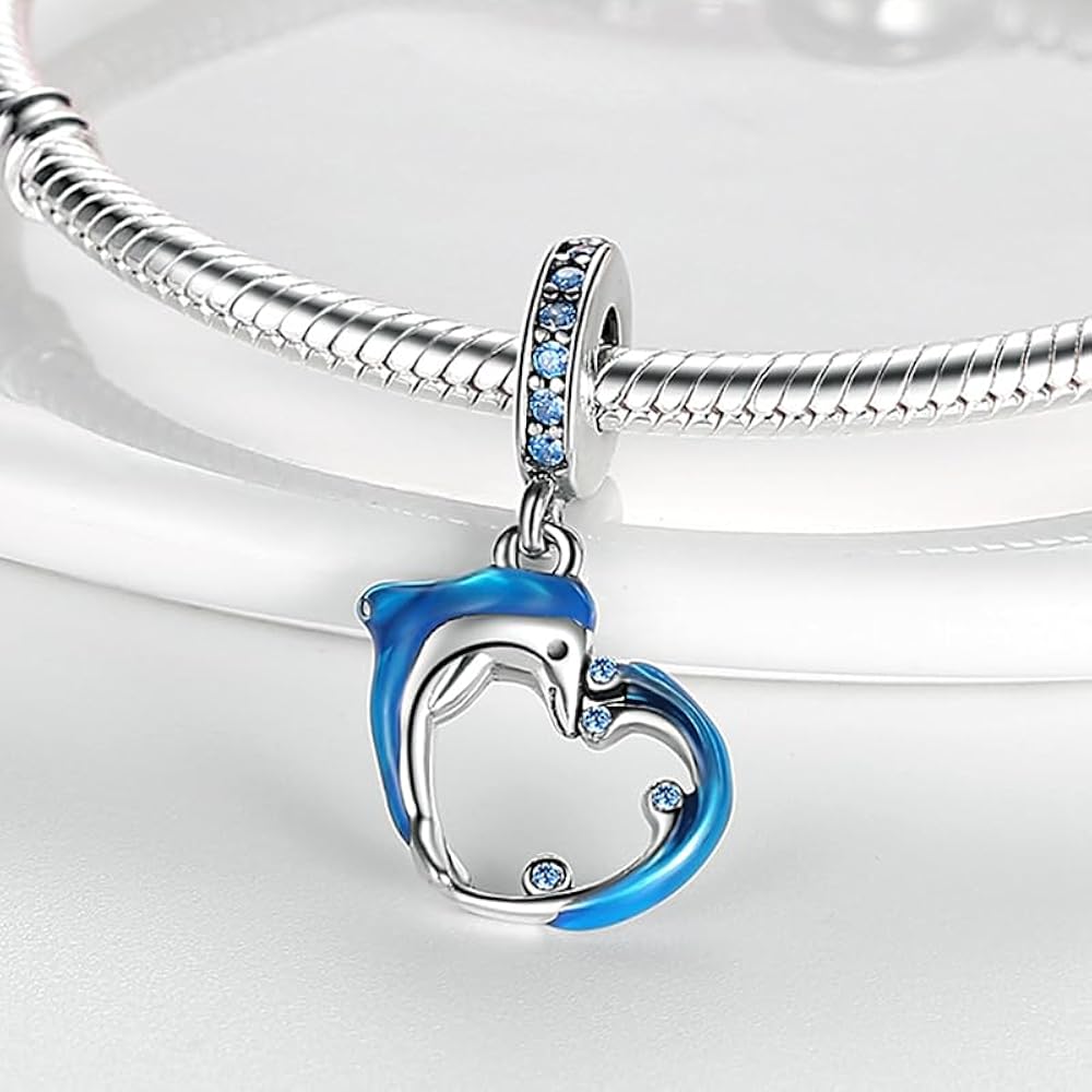Charm Pendant Dauphin Bleu et Cœur