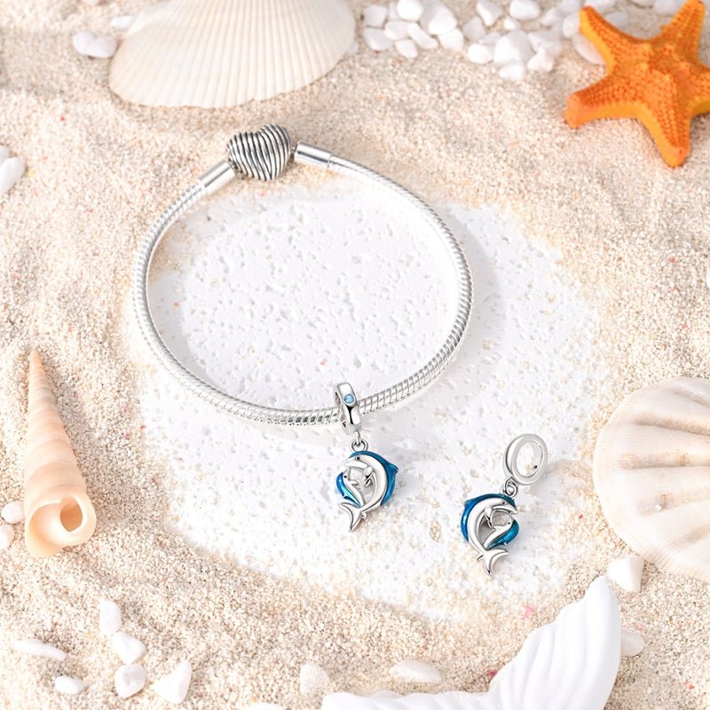 Charm Pendant Dauphin Maman et Bébé Bleu