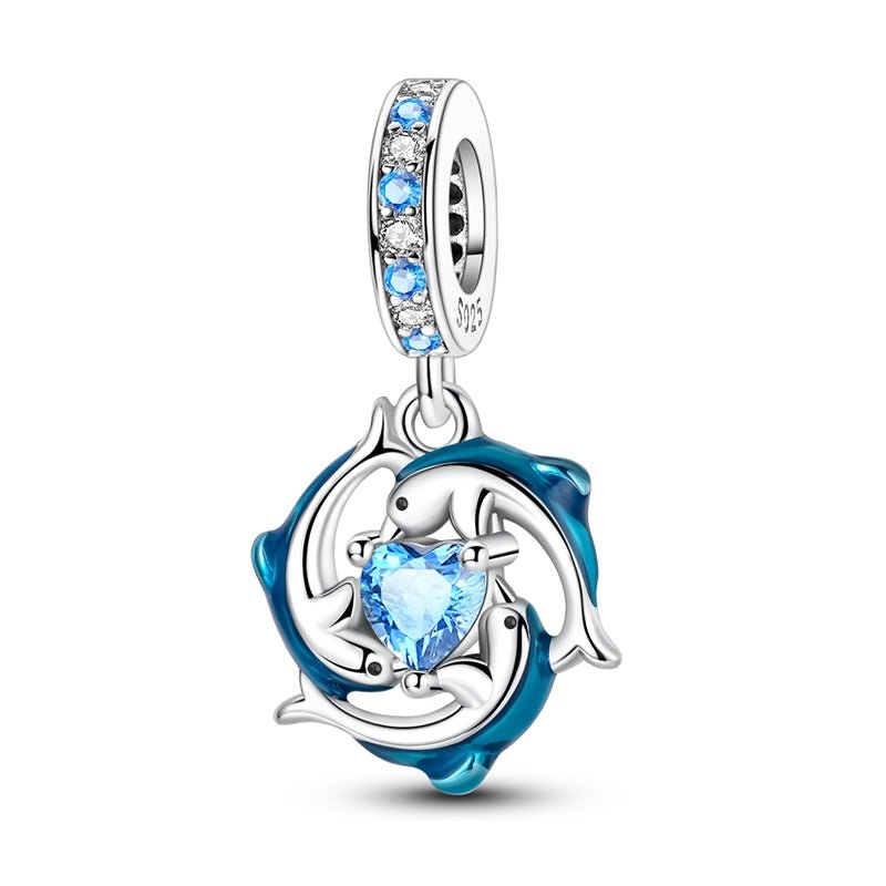 Charm Pendant Dauphins Bleus et Cœur Éclat Océan
