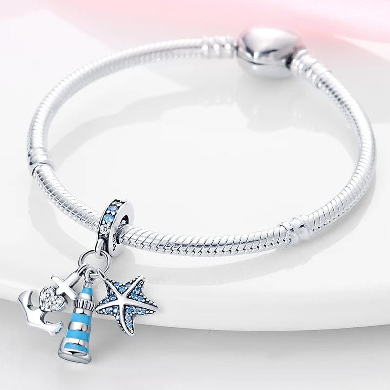 Charm Triple Pendant Phare Bleu avec Étoile de Mer et Ancre