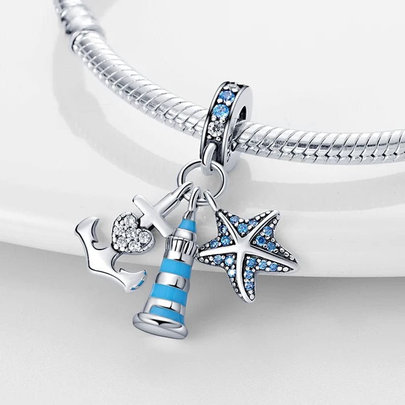 Charm Triple Pendant Phare Bleu avec Étoile de Mer et Ancre