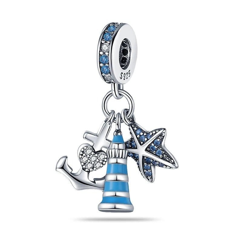 Charm Triple Pendant Phare Bleu avec Étoile de Mer et Ancre