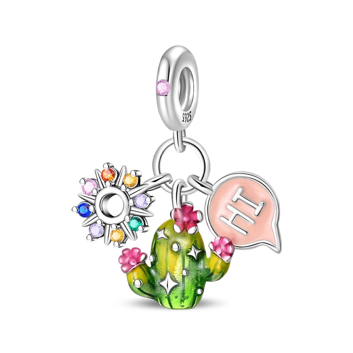 Charm Pendant Cactus aux Fleurs Arc-en-Ciel et Bulle « Hi »