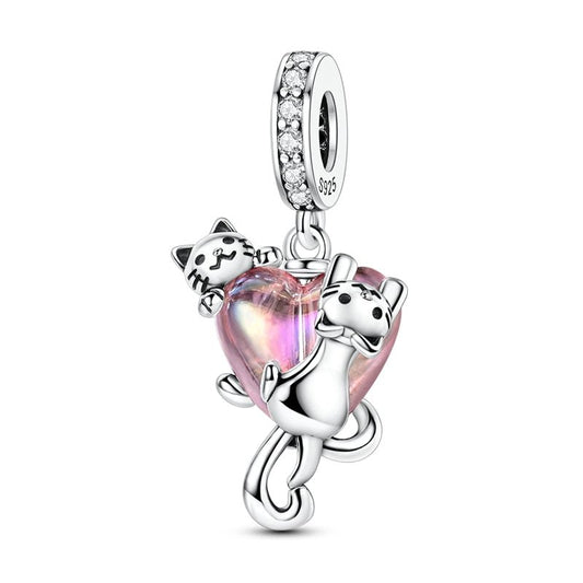 Charm Pendant Chats Grimpant sur un Cœur en Cristal