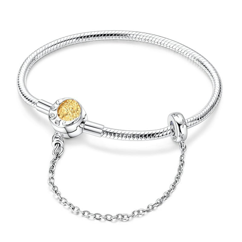 Bracelet Chaîne Serpent Fermoir Céleste Lune et Étoiles avec Chaîne de Sécurité