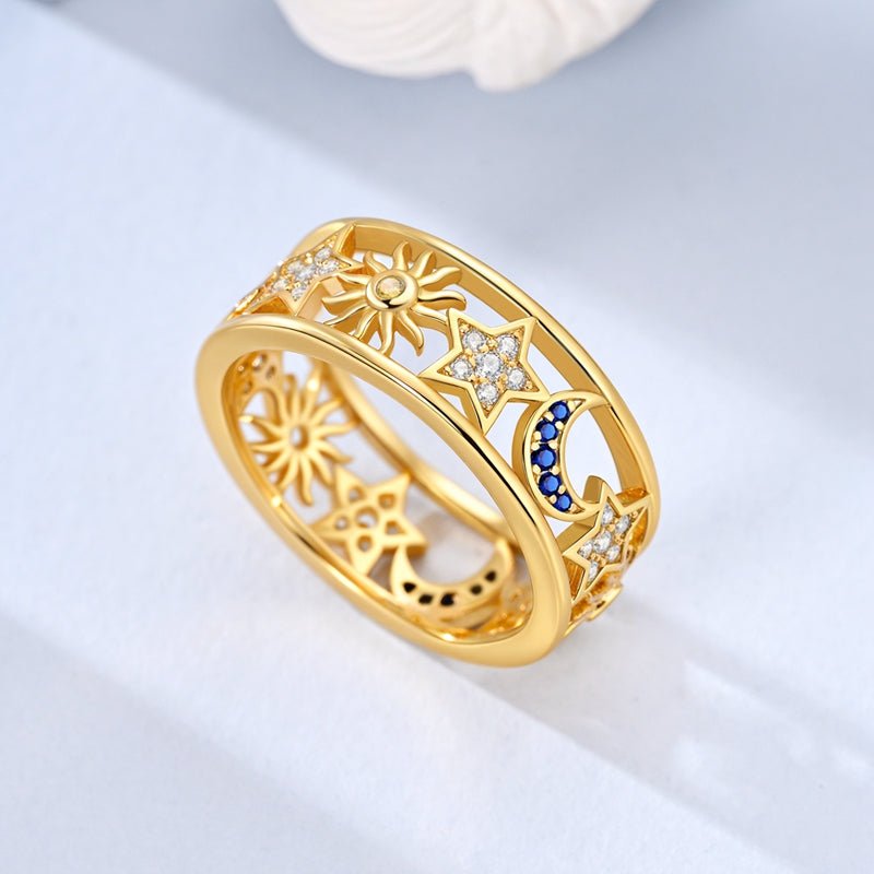 Bague Dorée Céleste Soleil, Lune et Étoile