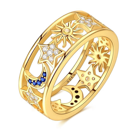 Bague Dorée Céleste Soleil, Lune et Étoile