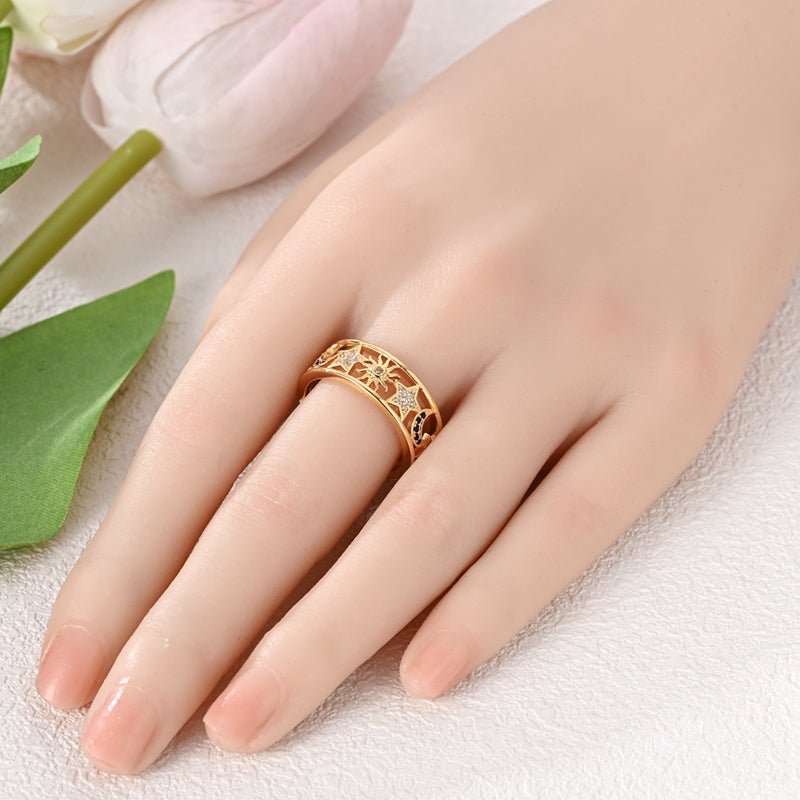 Bague Dorée Céleste Soleil, Lune et Étoile