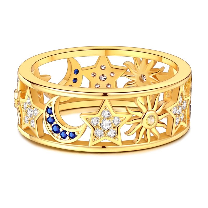 Bague Dorée Céleste Soleil, Lune et Étoile
