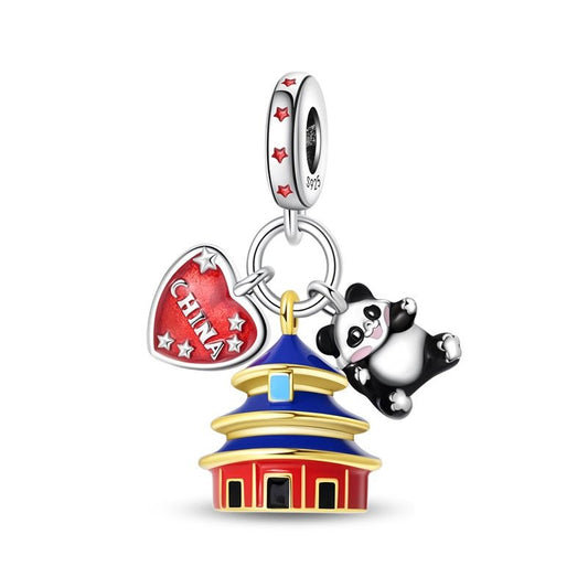 Charm Pendant Chine Temple, Panda et Cœur Drapeau