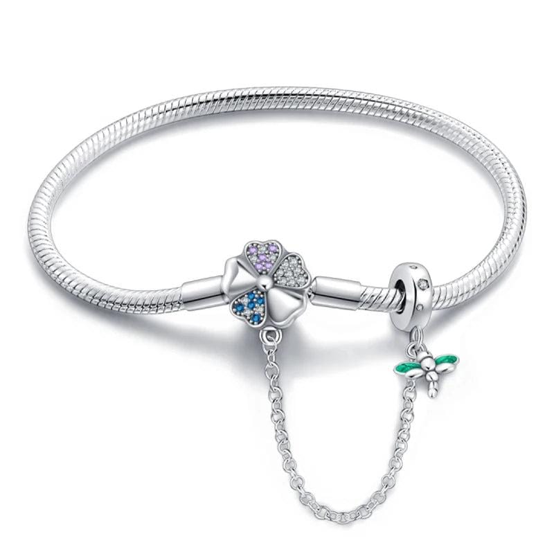 Bracelet à Charms Trèfle et Libellule avec Chaîne de Sécurité