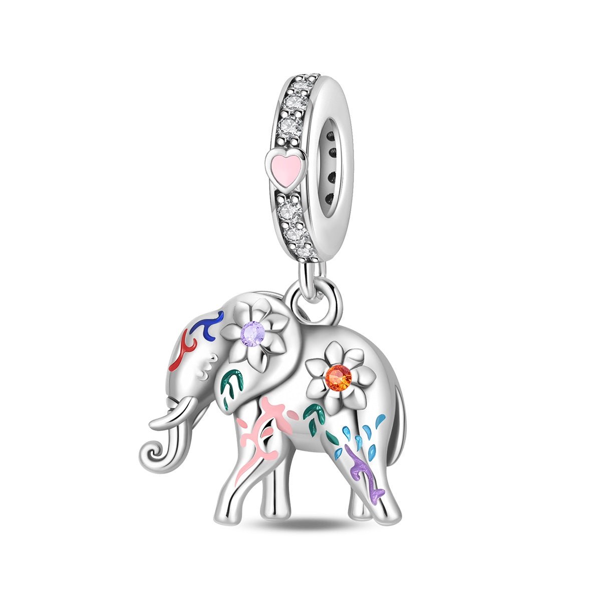 Charm Pendant Éléphant Coloré aux Accents Floraux