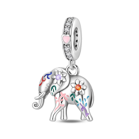 Charm Pendant Éléphant Coloré aux Accents Floraux