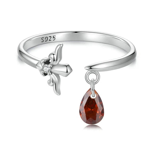 Bague Réglable Fleur de Lys en Argent Sterling et Goutte Cramoisie
