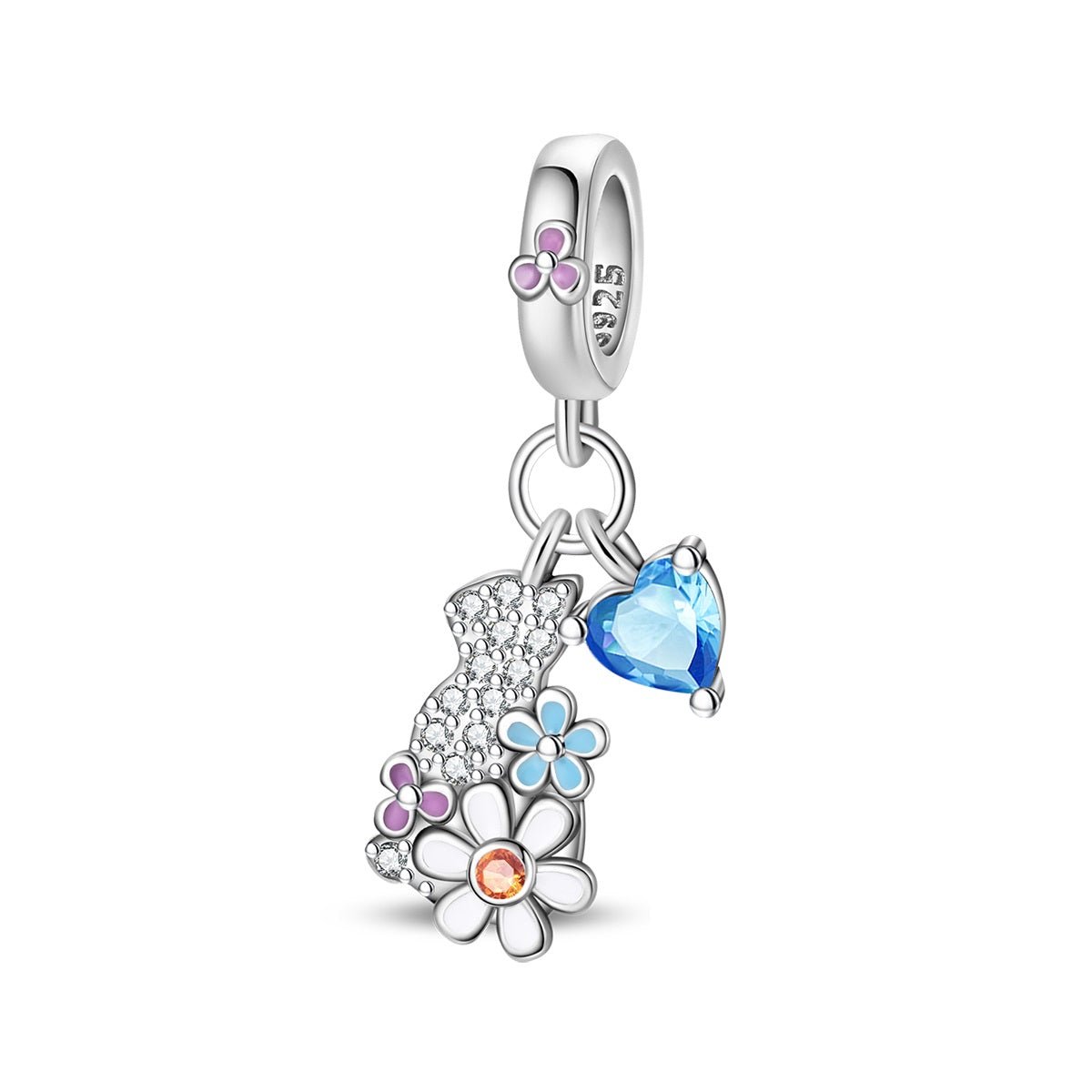 Charm Pendant Chat en Cristal, Fleurs et Cœur Bleu