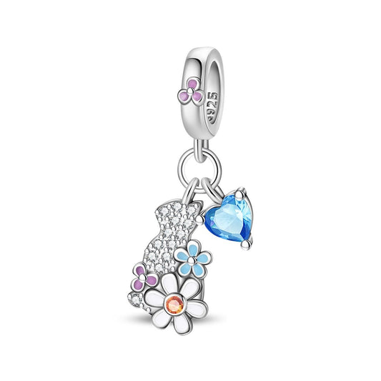 Charm Pendant Chat en Cristal, Fleurs et Cœur Bleu