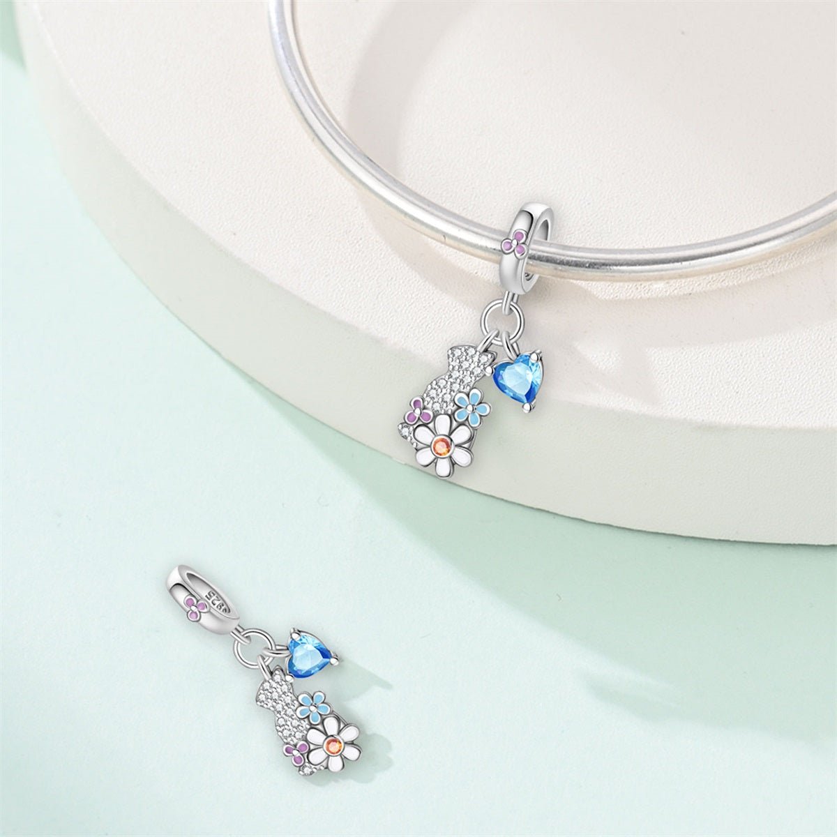 Charm Pendant Chat en Cristal, Fleurs et Cœur Bleu