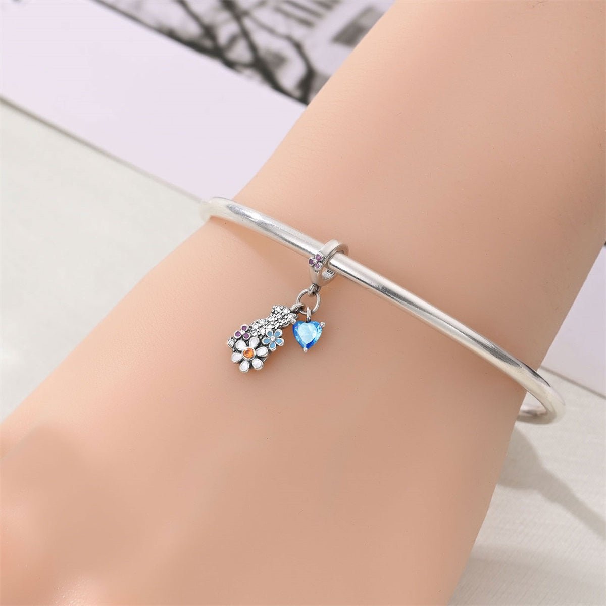 Charm Pendant Chat en Cristal, Fleurs et Cœur Bleu