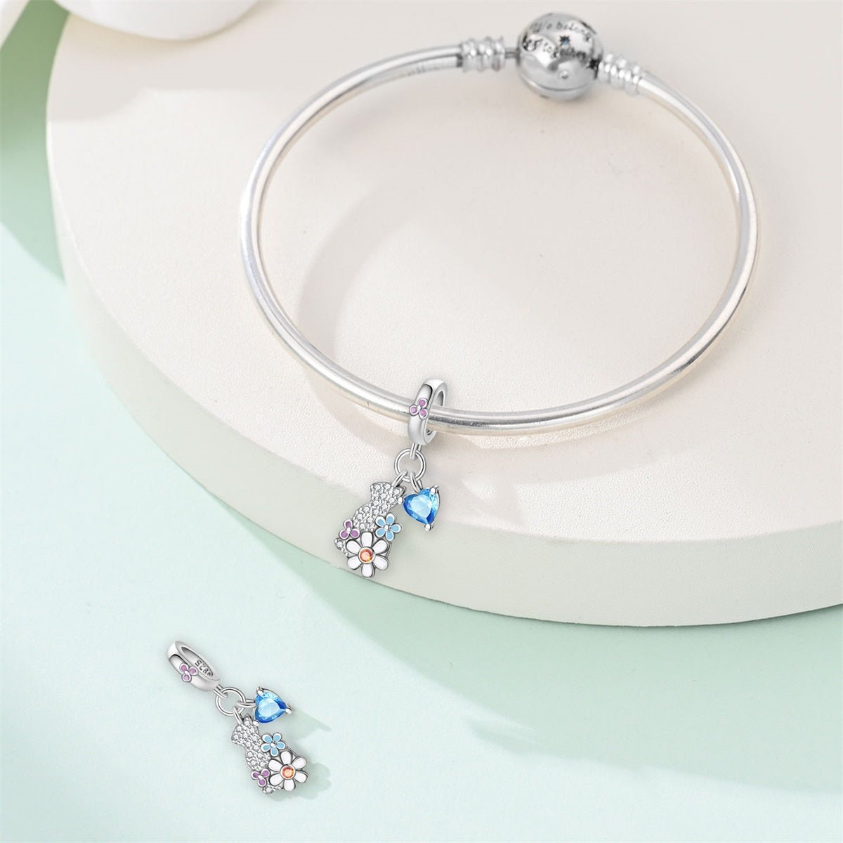 Charm Pendant Chat en Cristal, Fleurs et Cœur Bleu