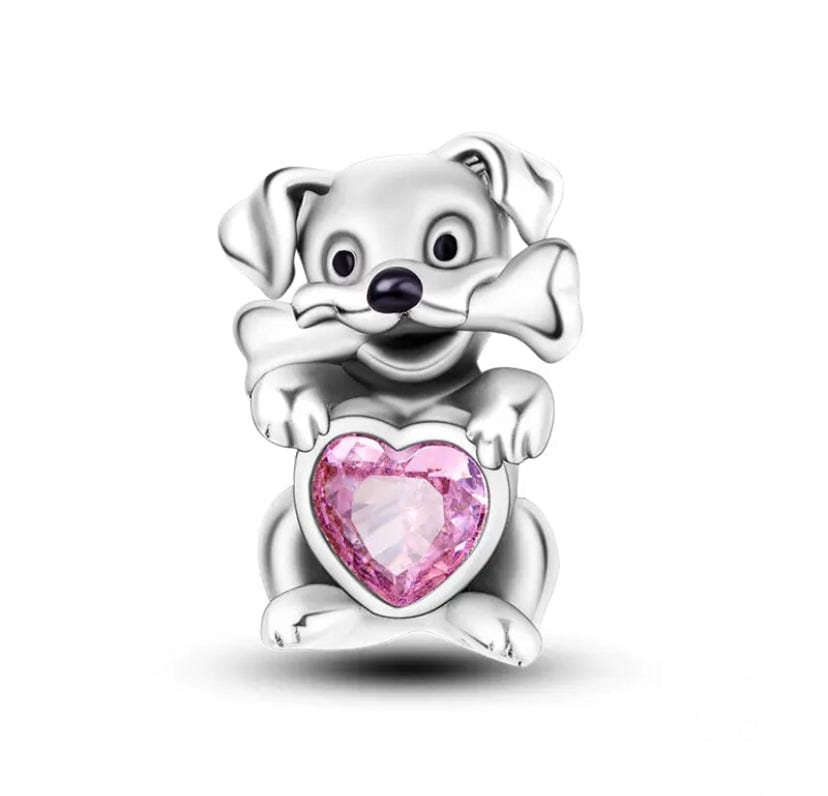 Charm Chien Tenant un Cœur Rose
