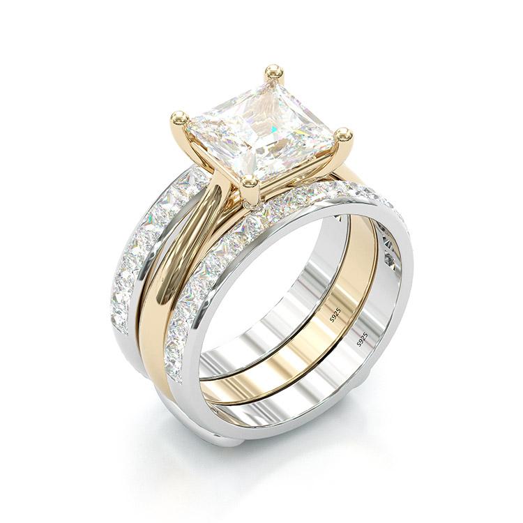Parure de Bagues de Mariage Taille Princesse Intemporelle – Or & Argent Sterling