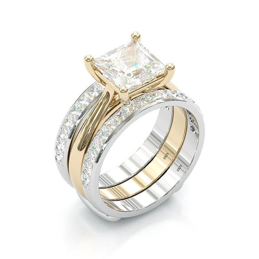 Parure de Bagues de Mariage Taille Princesse Intemporelle – Or & Argent Sterling