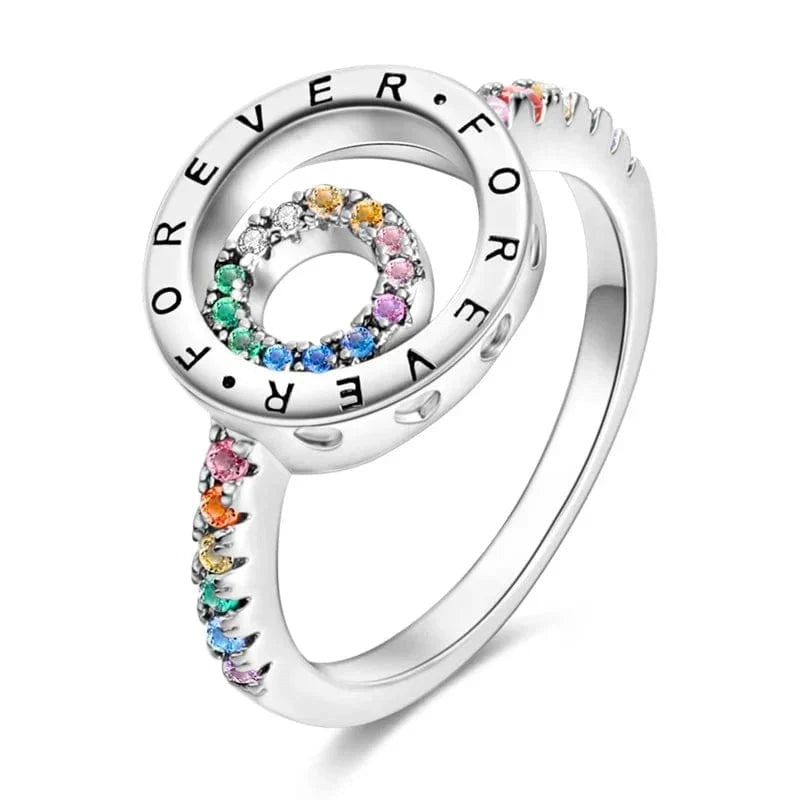 Bague Élégante Ronde Scintillante Family Forever à Pierre Arc-en-Ciel
