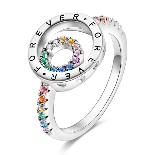 Bague Élégante Ronde Scintillante Family Forever à Pierre Arc-en-Ciel