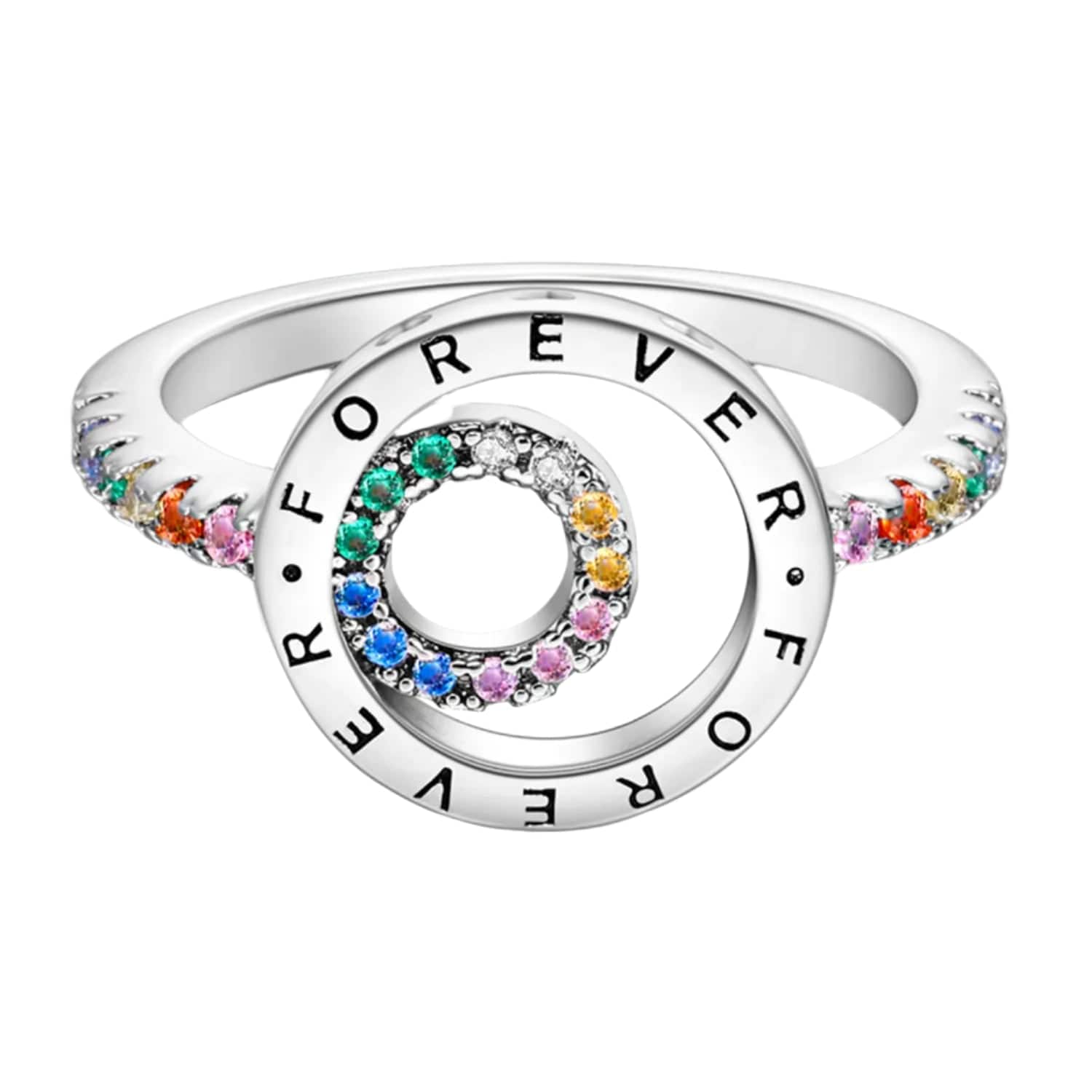 Bague Élégante Ronde Scintillante Family Forever à Pierre Arc-en-Ciel