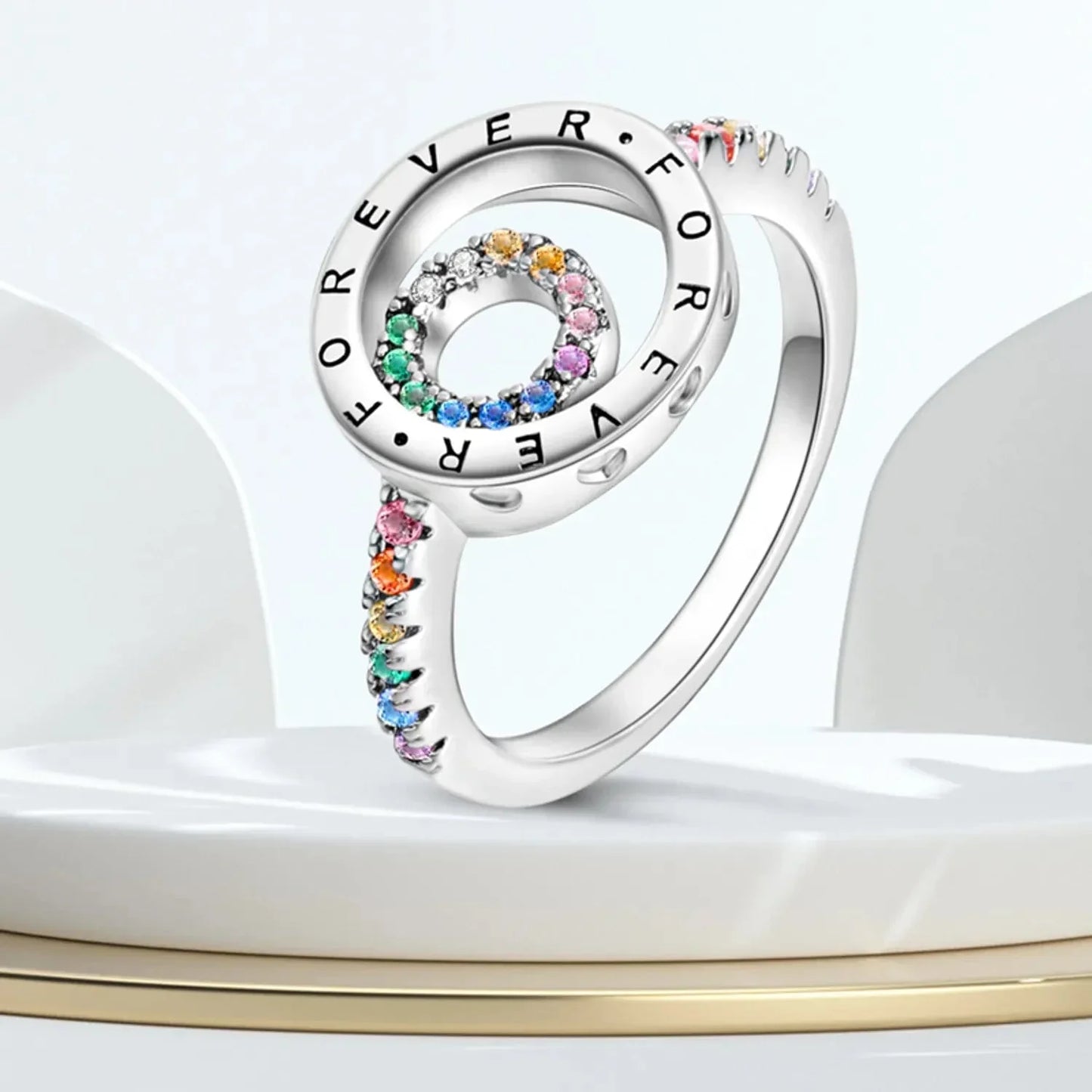 Bague Élégante Ronde Scintillante Family Forever à Pierre Arc-en-Ciel