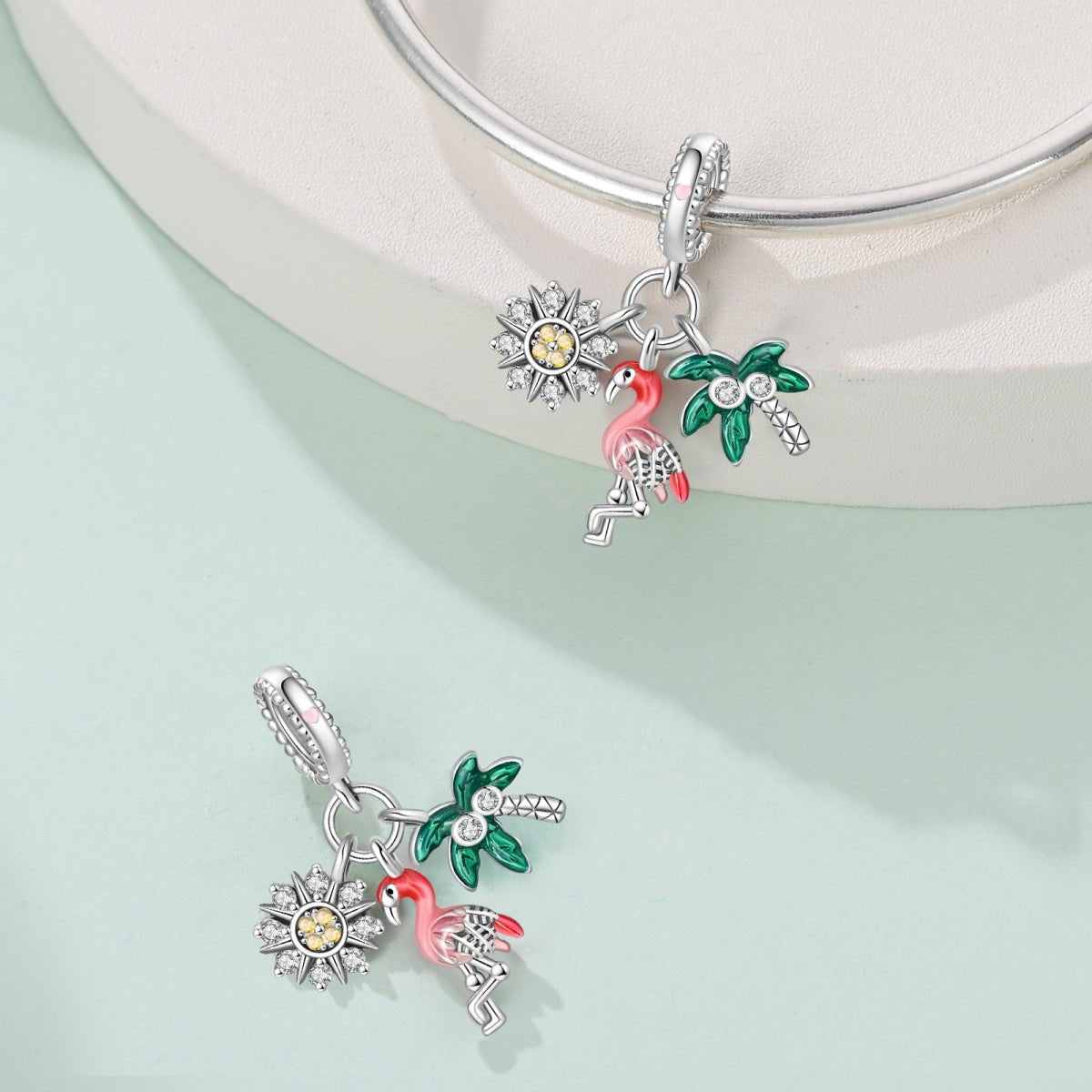 Charm Triple Pendant Flamant Rose, Palmier et Tournesol