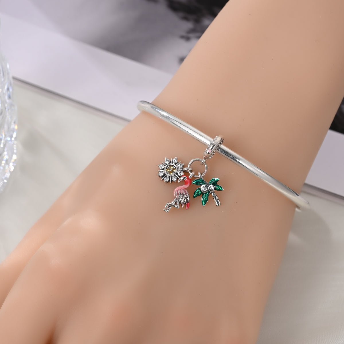 Charm Triple Pendant Flamant Rose, Palmier et Tournesol