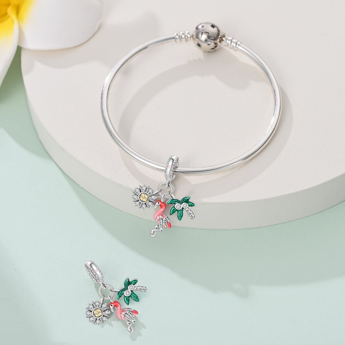 Charm Triple Pendant Flamant Rose, Palmier et Tournesol