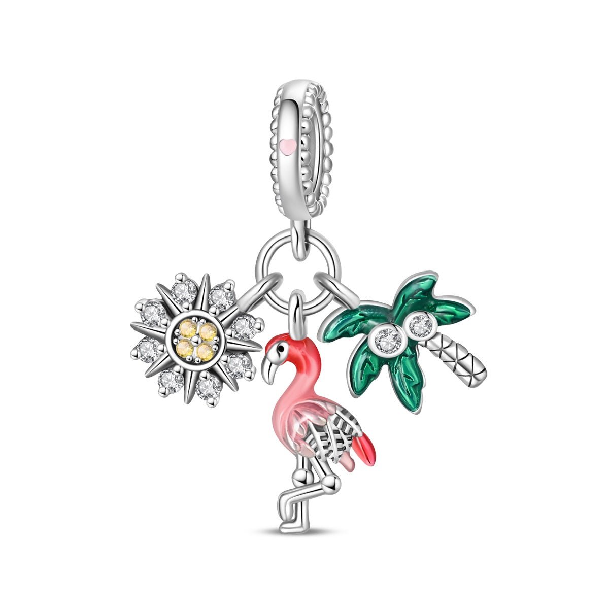 Charm Triple Pendant Flamant Rose, Palmier et Tournesol