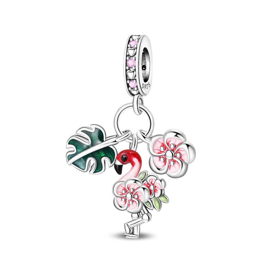 Charm Triple Pendant Flamant Rose, Feuilles Tropicales et Fleurs
