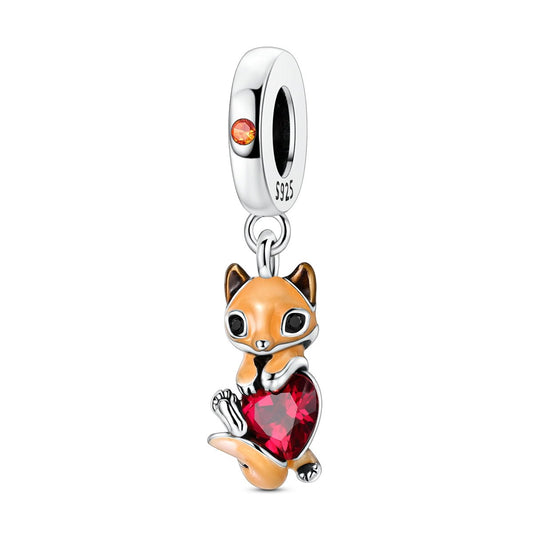 Charm Pendant Renard Enlaçant un Cœur Rouge