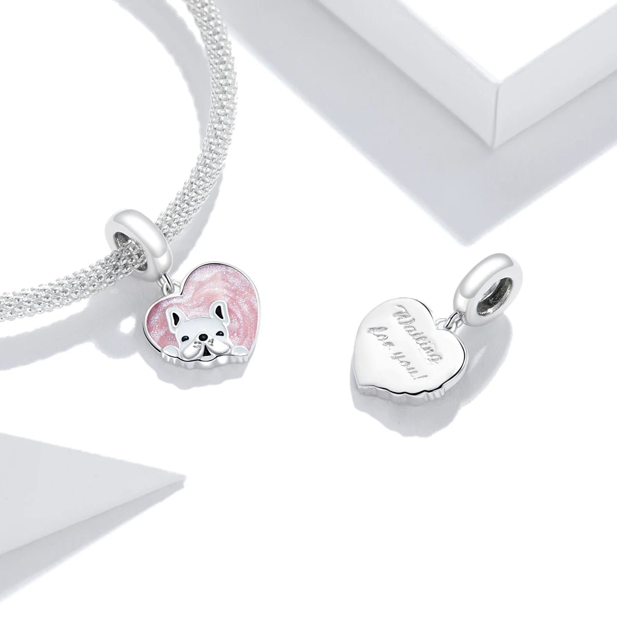 Charm Pendant Cœur Rose Bouledogue Français Love
