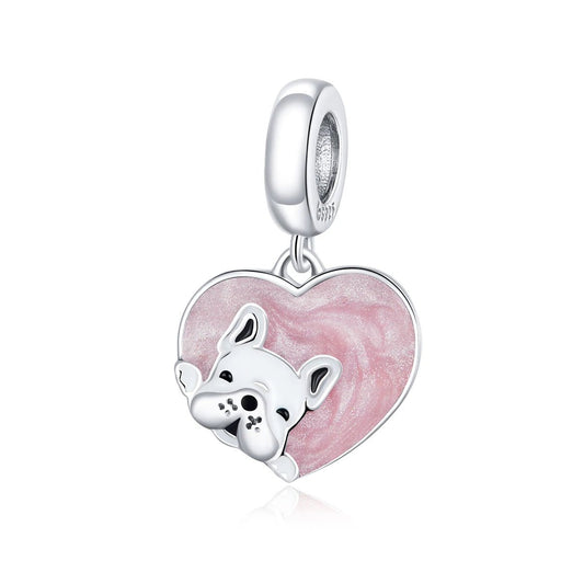 Charm Pendant Cœur Rose Bouledogue Français Love