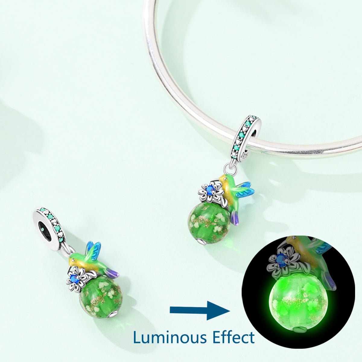 Charm Pendant Colibri et Fleur Phosphorescent