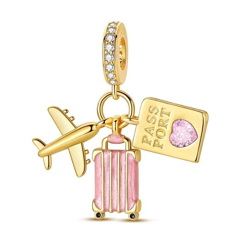 Charm Pendant Voyage Doré Avion, Valise Rose et Passeport