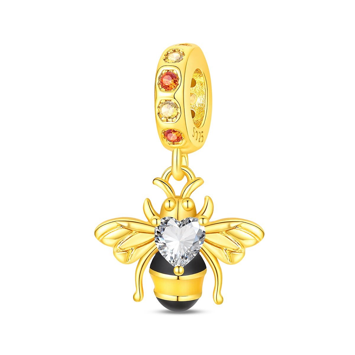 Charm Pendant Abeille Dorée avec Cristal en Forme de Cœur