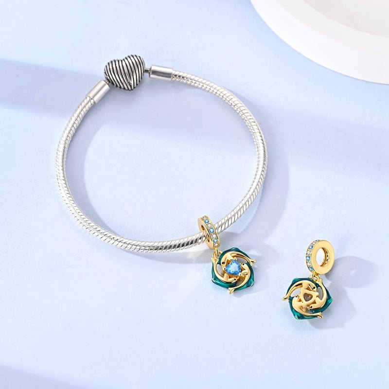 Charm Pendant Doré Dauphins Bleus et Cœur Éclat Océan