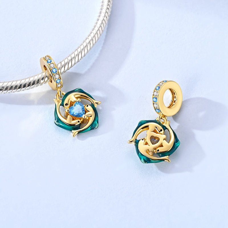 Charm Pendant Doré Dauphins Bleus et Cœur Éclat Océan