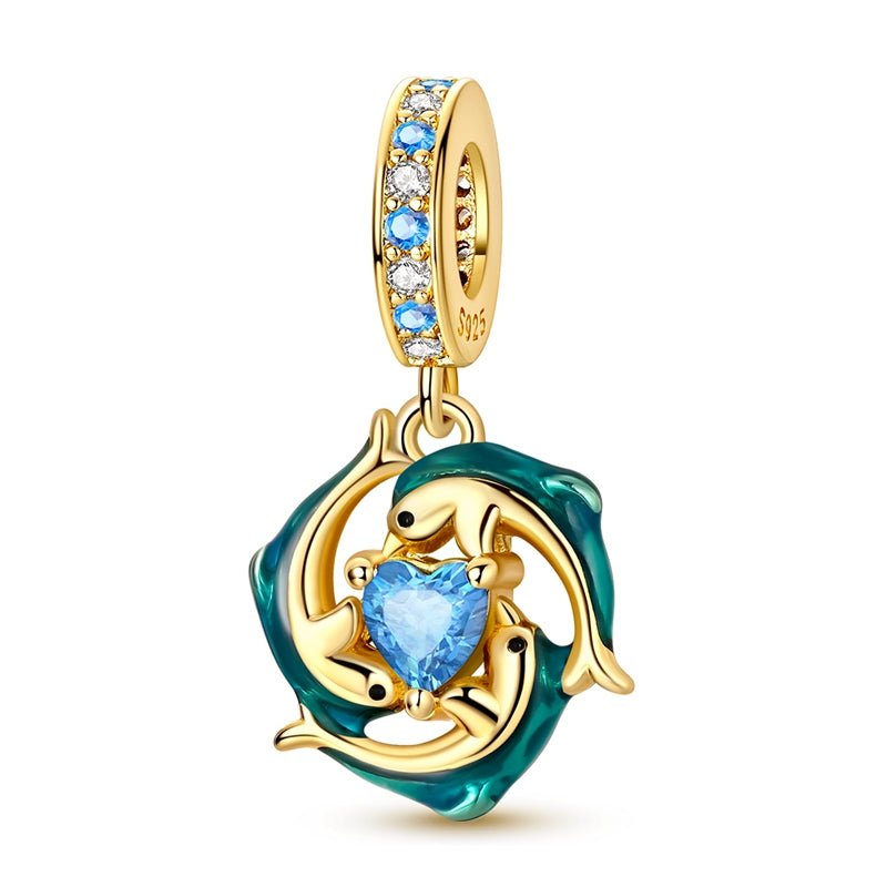 Charm Pendant Doré Dauphins Bleus et Cœur Éclat Océan