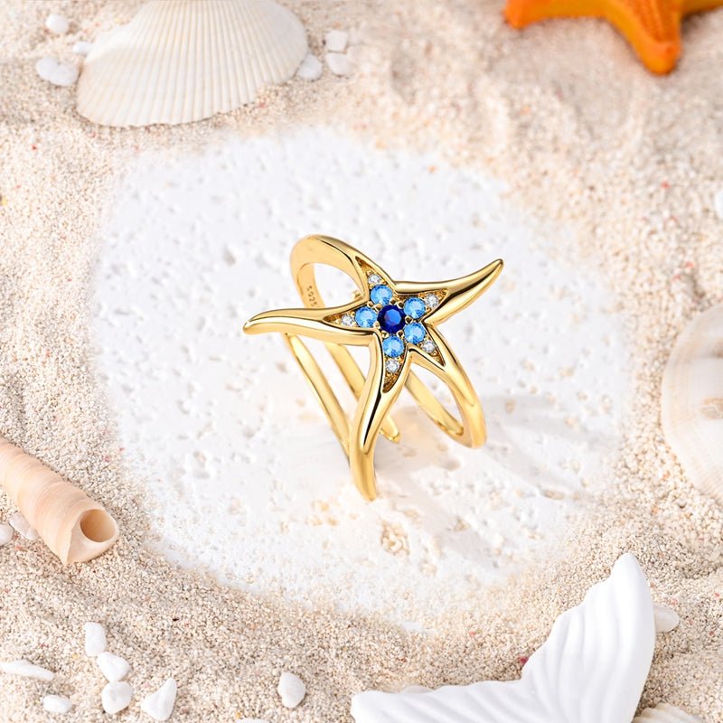 Bague Réglable Étoile de Mer Dorée et Bleue
