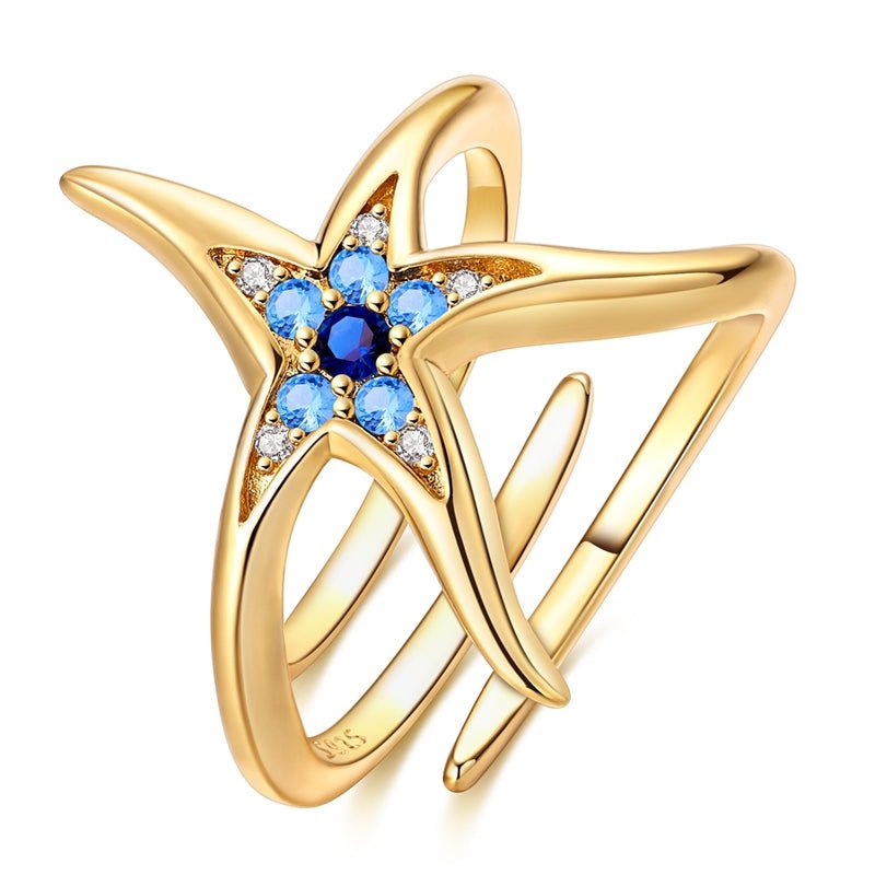 Bague Réglable Étoile de Mer Dorée et Bleue