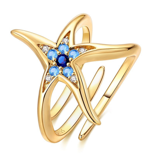 Bague Réglable Étoile de Mer Dorée et Bleue