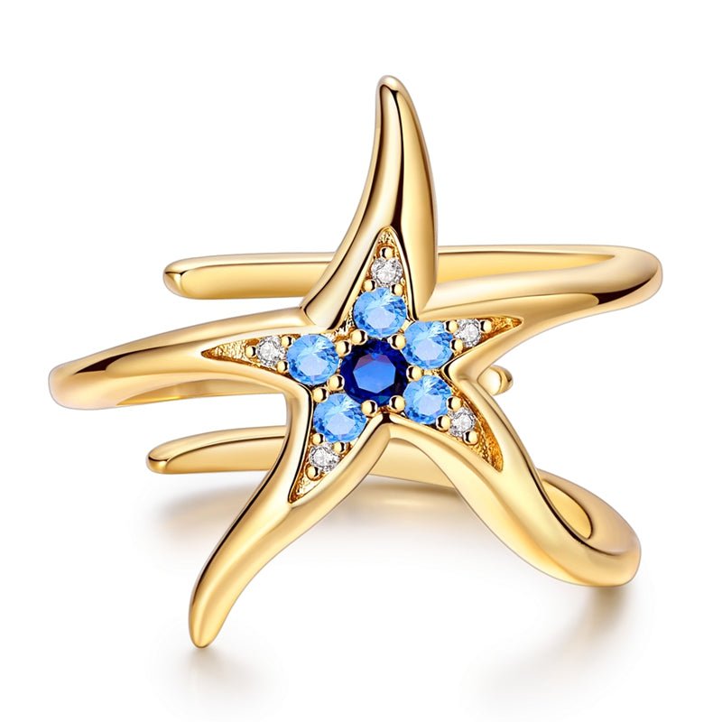 Bague Réglable Étoile de Mer Dorée et Bleue