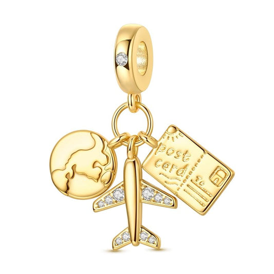 Charm Triple Pendant Doré Globe, Avion et Carte Postale